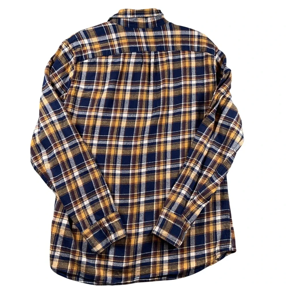 J Crew‎ Flannel Long Sleeve Shirt Plaid Navy Gold Brown Mens Medium